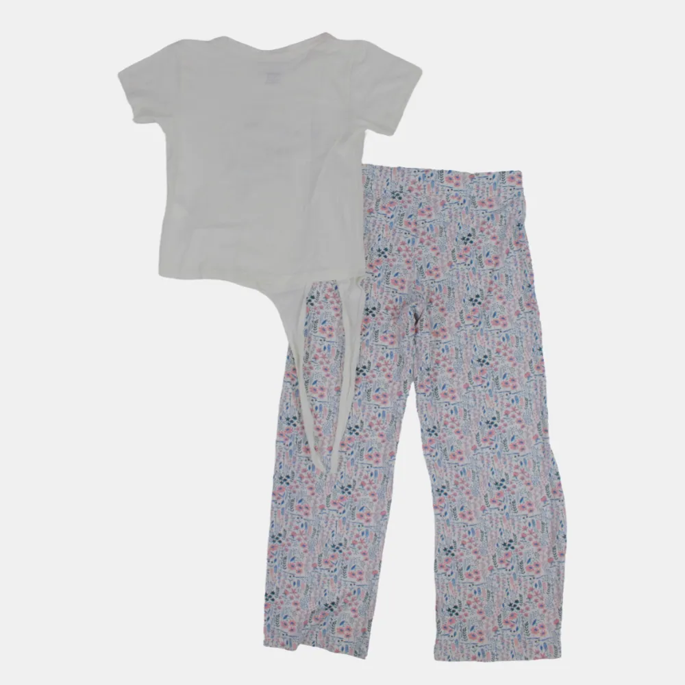 Kids' Girls Short-Sleeved Cotton Pajama Set – Off-White with Floral Design