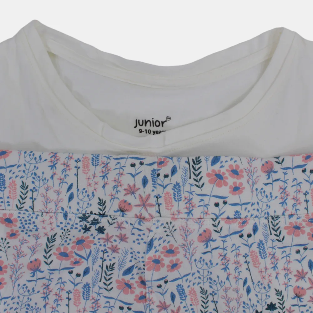 Kids' Girls Short-Sleeved Cotton Pajama Set – Off-White with Floral Design
