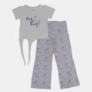 Kids' Girls Short-Sleeved Cotton Pajama Set – Off-White with Floral Design
