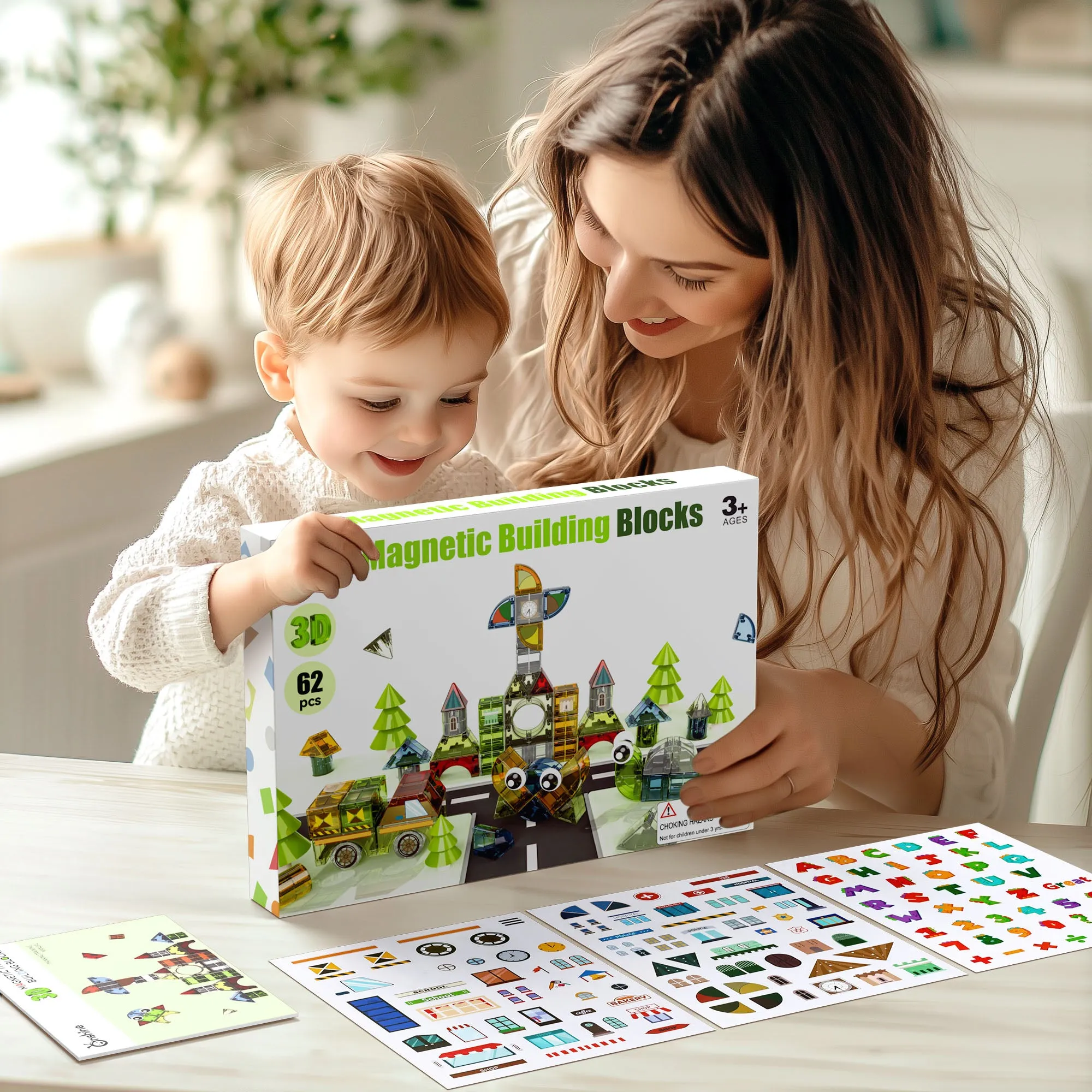 Kids Magnetic Blocks, 62 PCS Magnet Stacking Block Building Toy