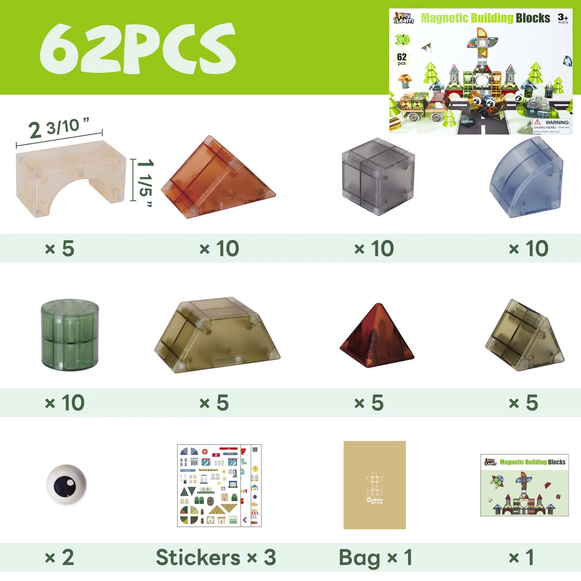 Kids Magnetic Blocks, 62 PCS Magnet Stacking Block Building Toy