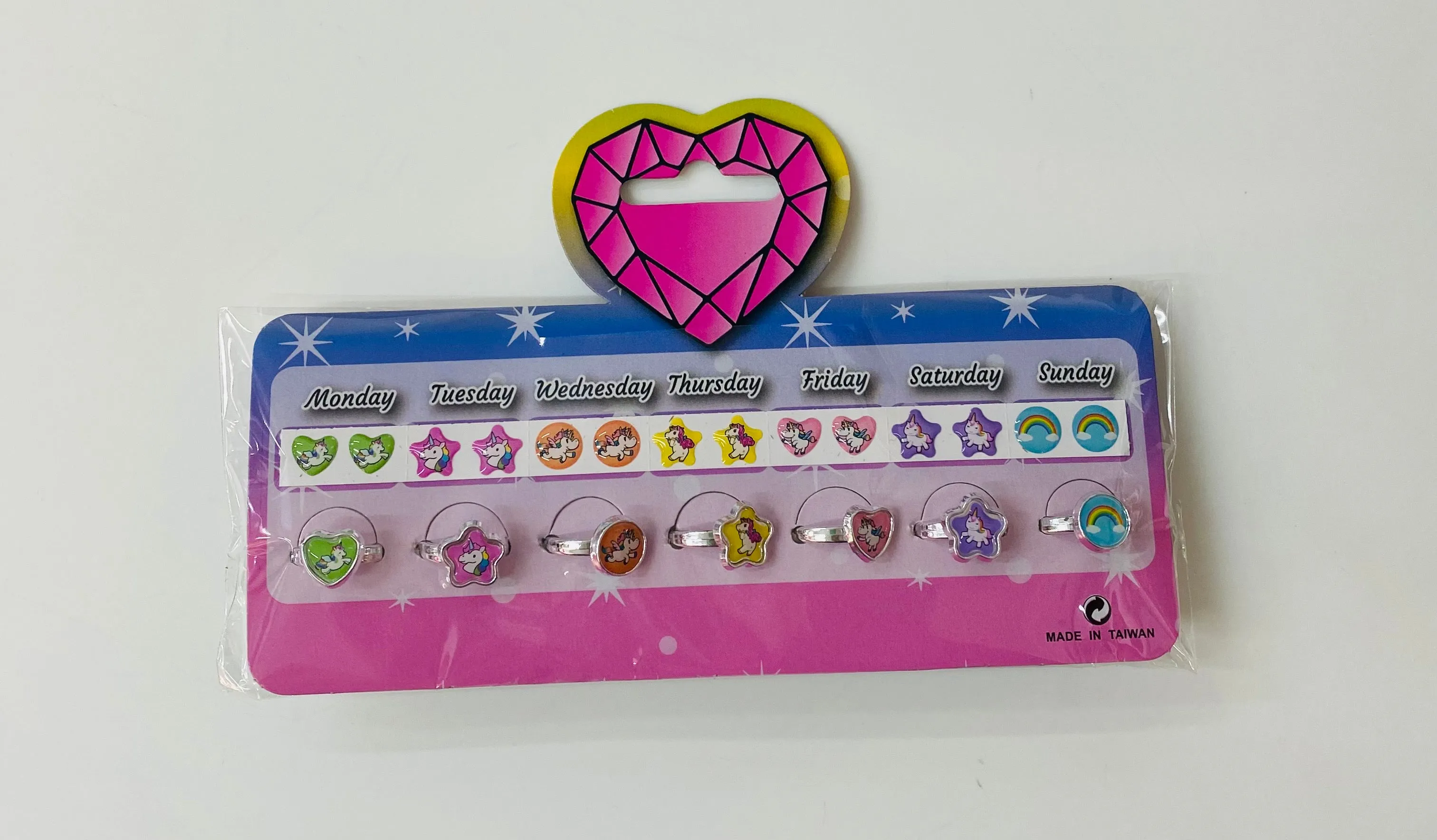 Kids Unicorn Ring Earrings Week Set