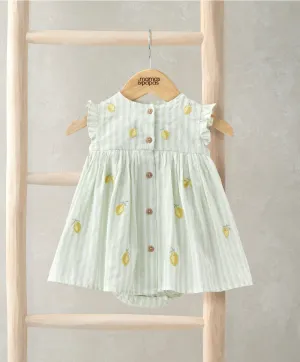 Lemon Embroidered Stripe Dress With Frill Sleeves
