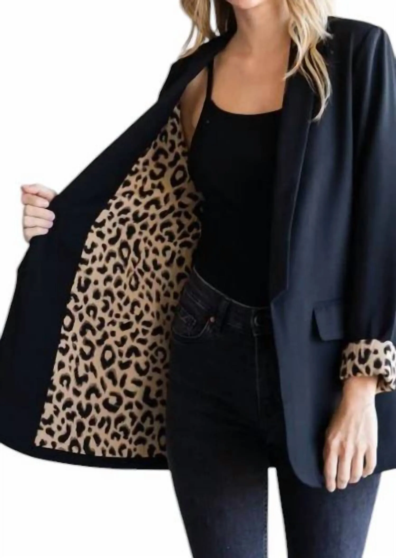 Leopard Lined Tuxedo Collar Blazer In Black