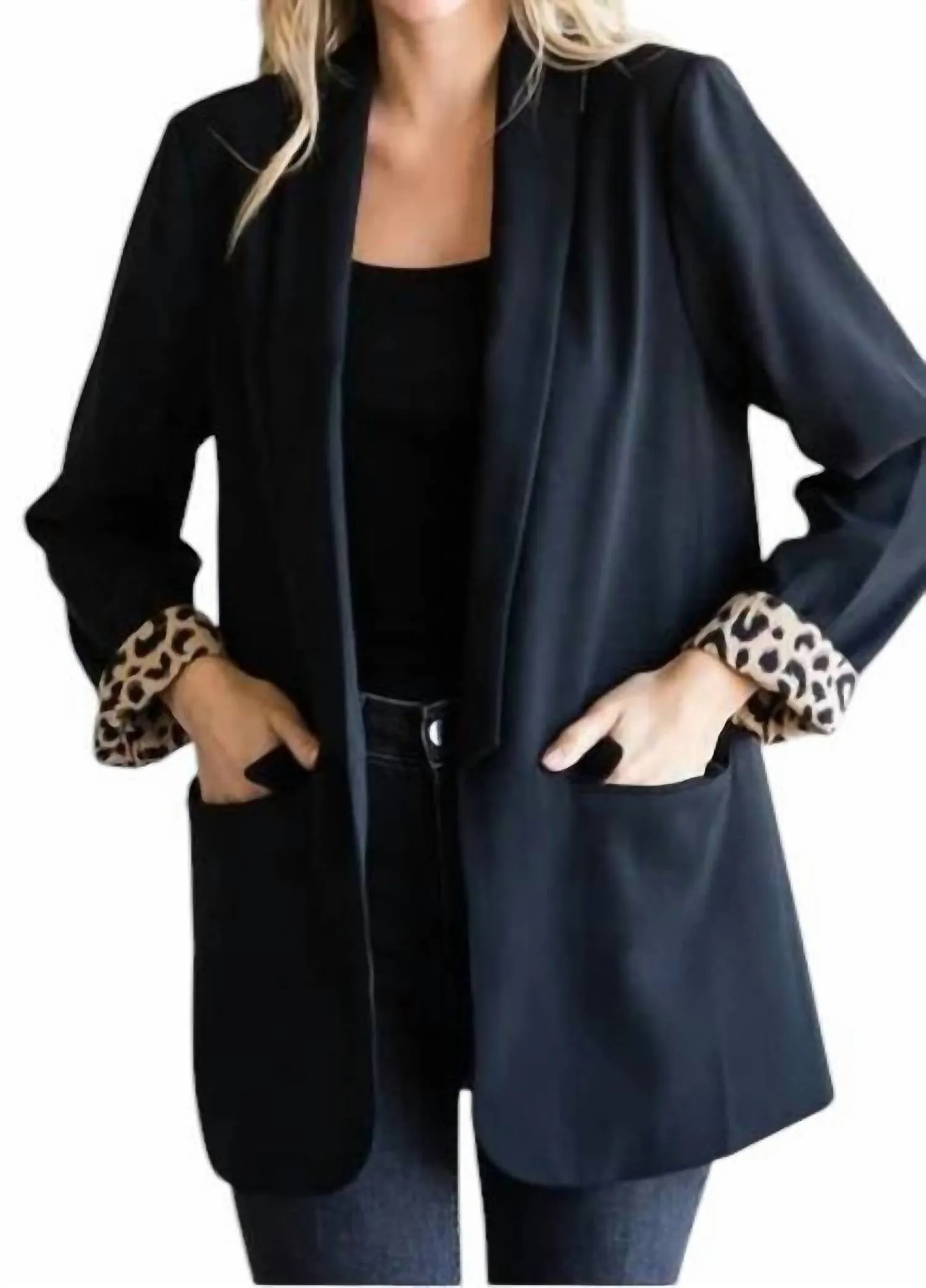 Leopard Lined Tuxedo Collar Blazer In Black