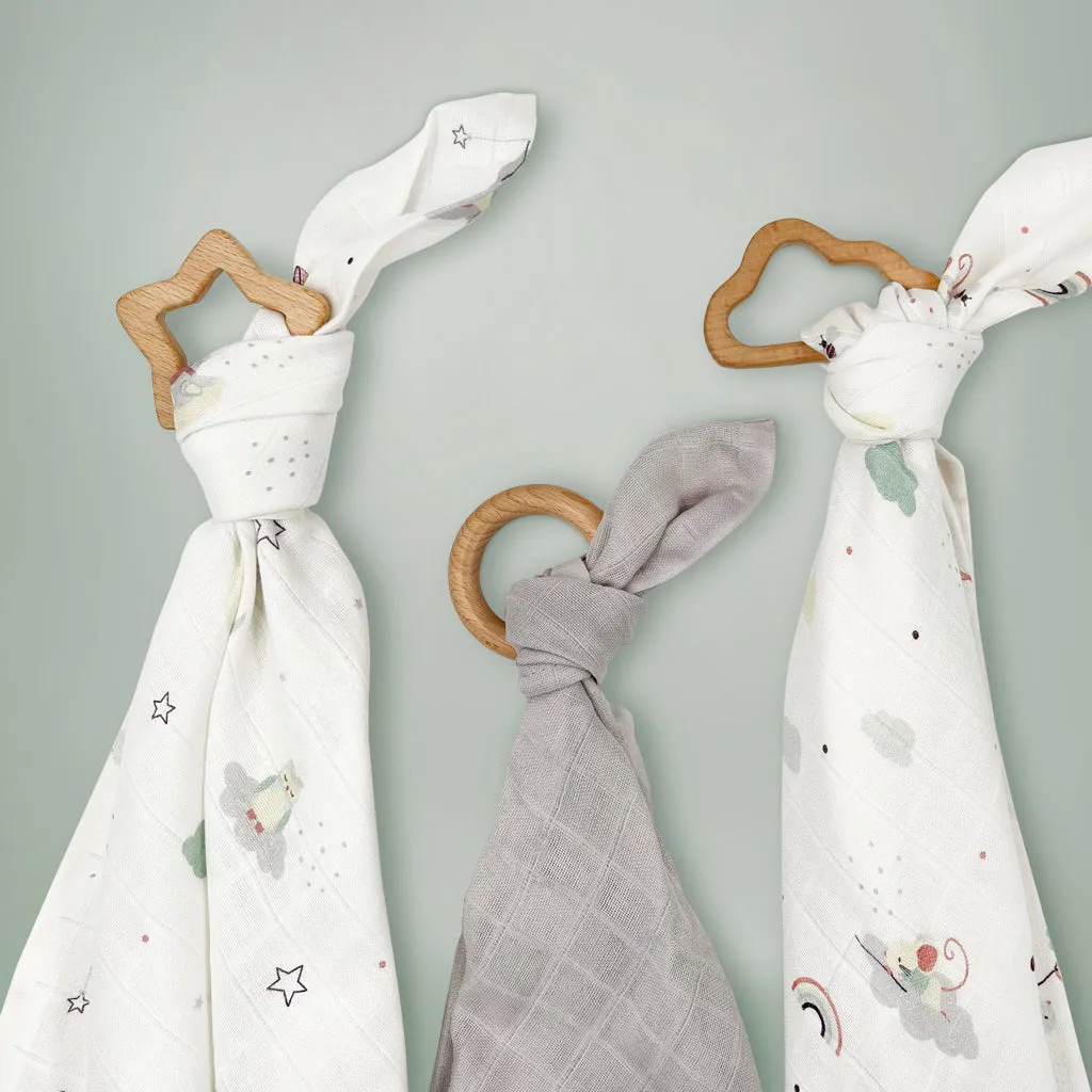 Little Love Trio of Muslins With Wooden Teethers