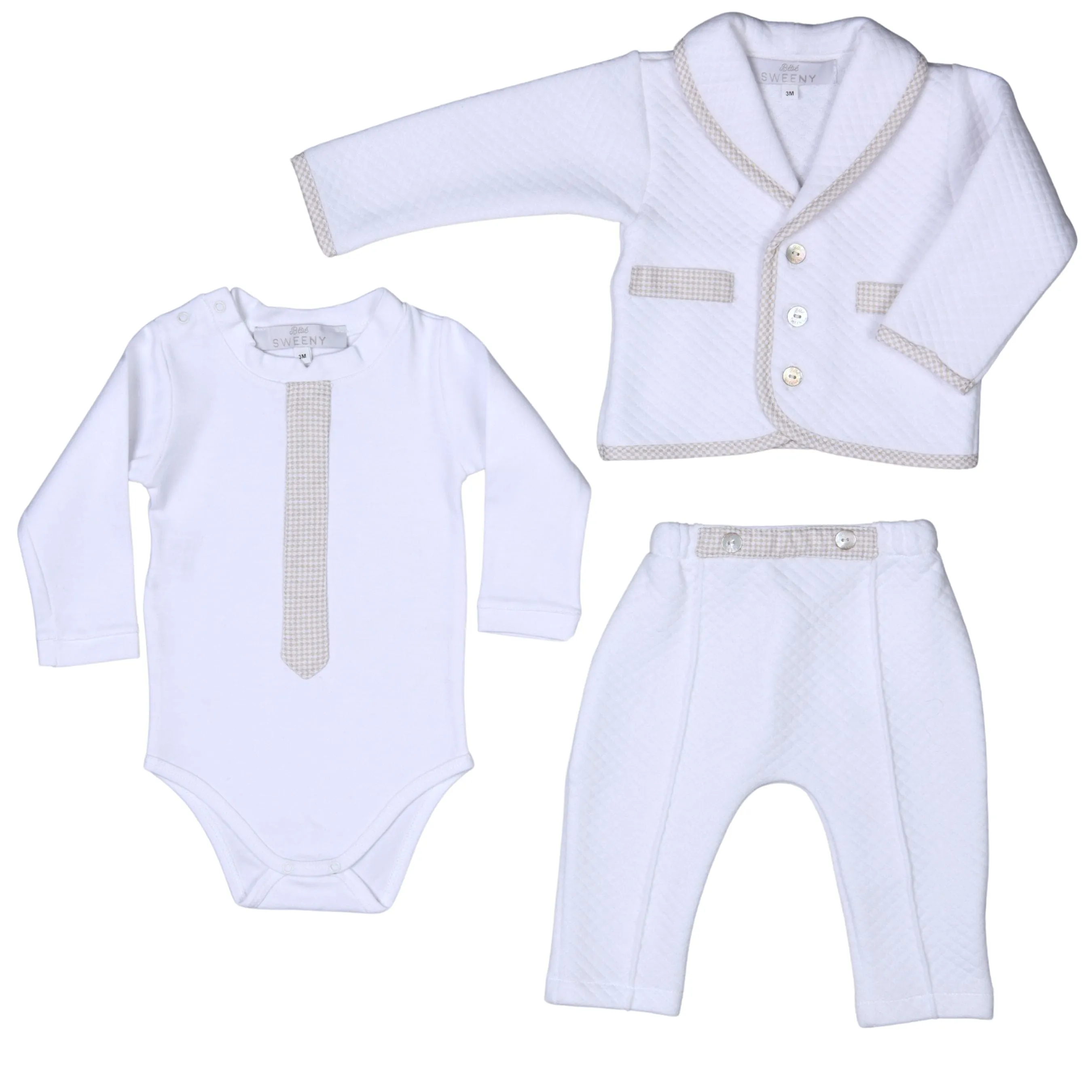 Lucas | Boys White & Beige Cotton Gingham Pants Suit (3) Babykids_Bebe-Sweeny