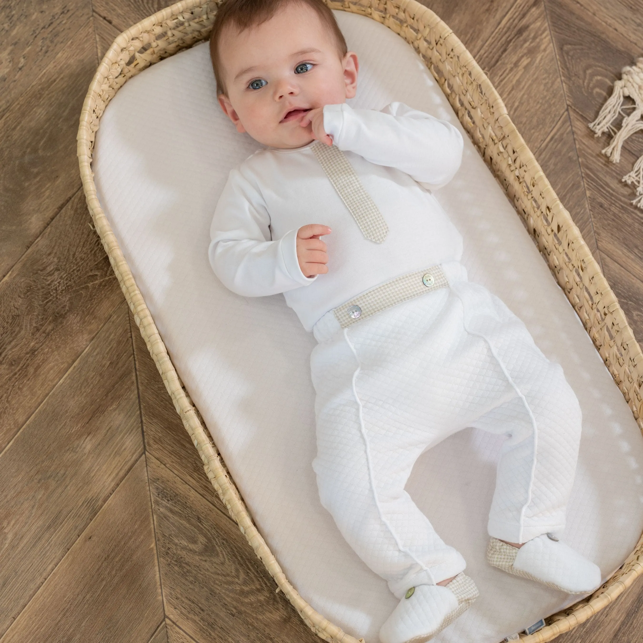 Lucas | Boys White & Beige Cotton Gingham Pants Suit (3) Babykids_Bebe-Sweeny
