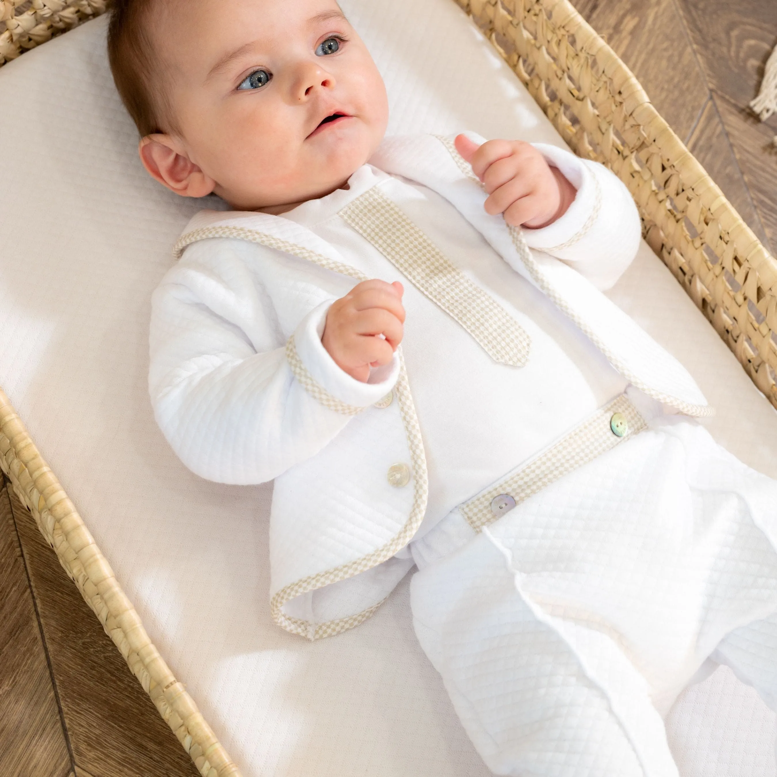 Lucas | Boys White & Beige Cotton Gingham Pants Suit (3) Babykids_Bebe-Sweeny