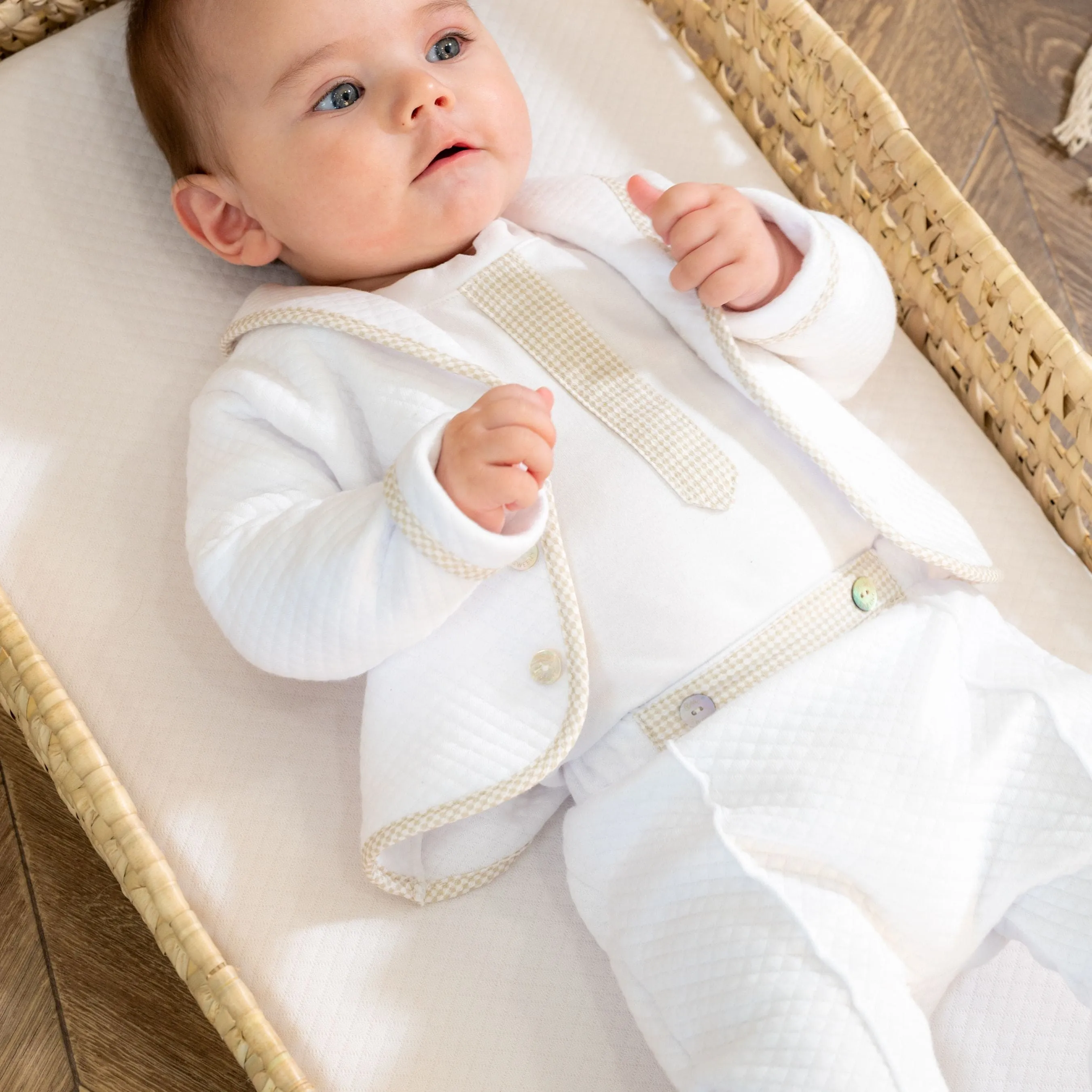 Lucas | Boys White & Blue Cotton Gingham Pants Suit (3) Babykids_Bebe-Sweeny