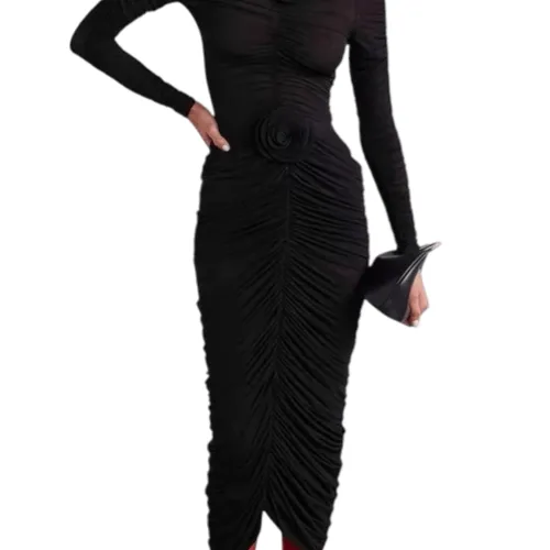 Mesh Ruched Skirt and Top set with Flower appliqué