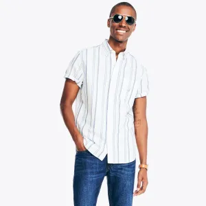 Nautica Men's Sustainably Crafted Striped Linen Short-Sleeve Shirt Sail White Nautica
