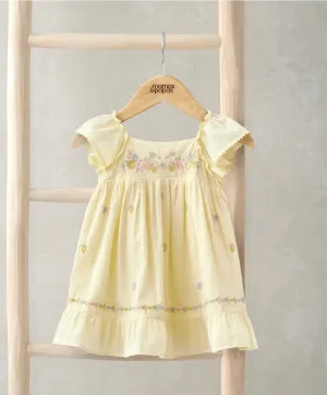 Peplum Frill Embroidered Dress - Yellow