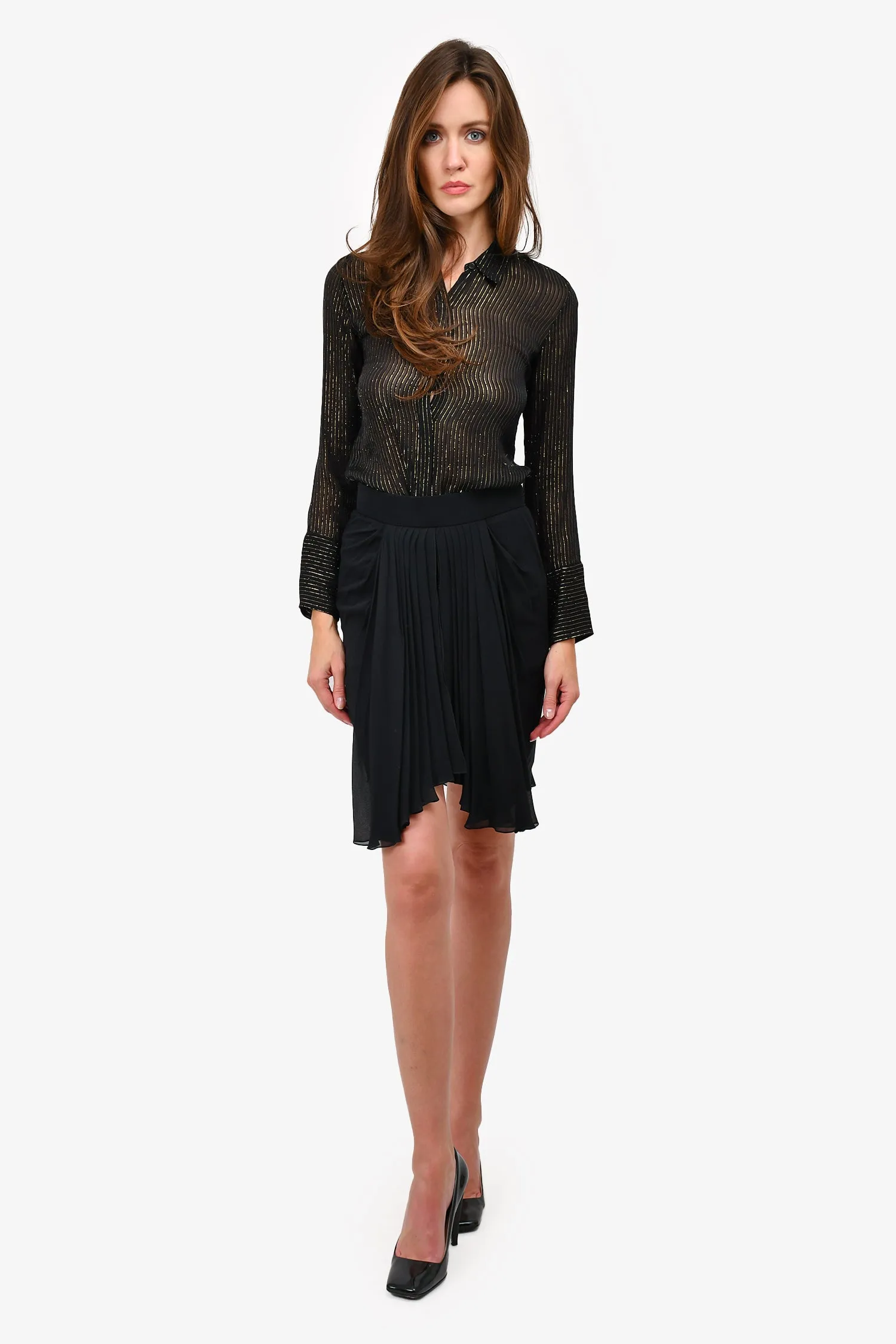 Pre-Loved Chanel™ 1990 Black Silk Pleated Detail Mini Skirt Size 38