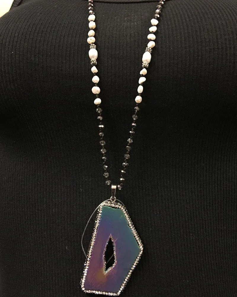 Rainbow Titanium Druzy Necklace with smokey crystals and pearls