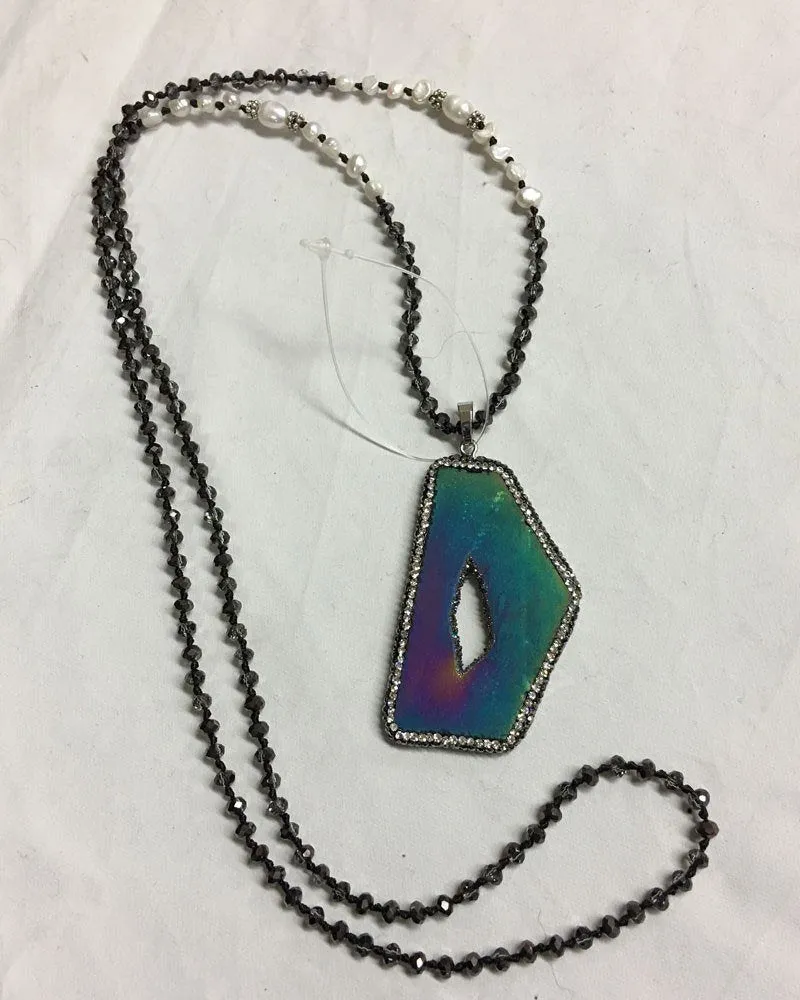 Rainbow Titanium Druzy Necklace with smokey crystals and pearls