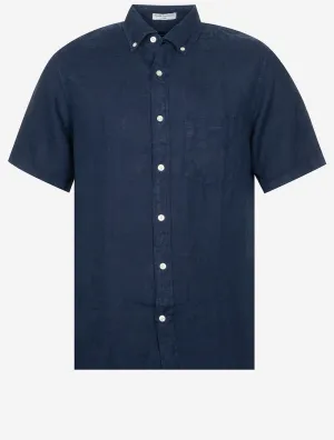 Regular Fit Garment Dyed Linen Short Sleeve Shirt Marine