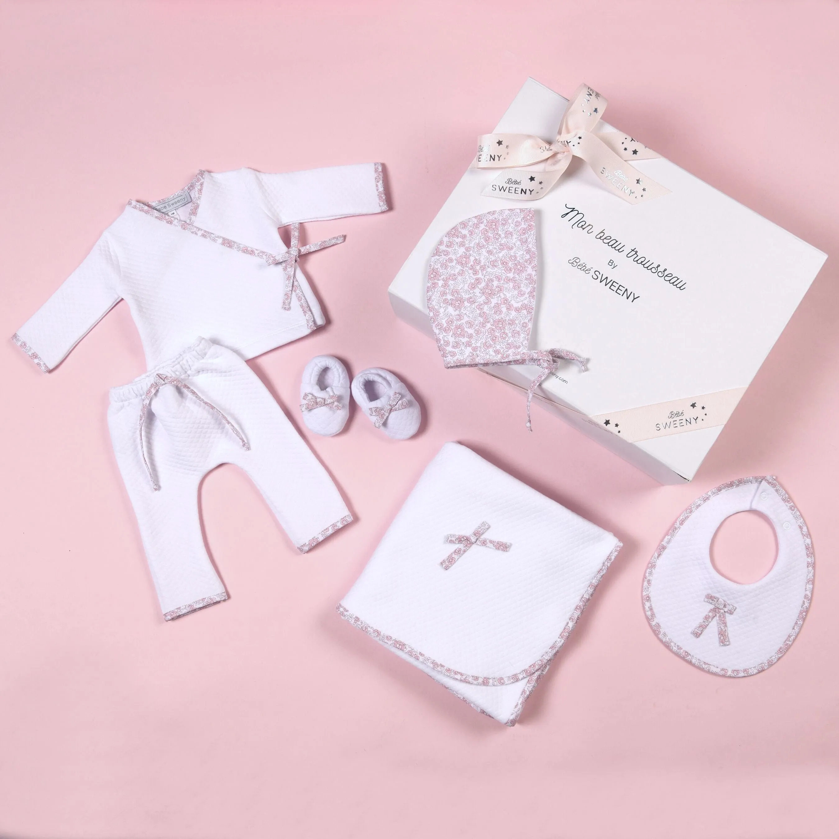 Rose Sweet | Girls White Floral Quilted Cotton Trousers Set Babykids_Bebe-Sweeny