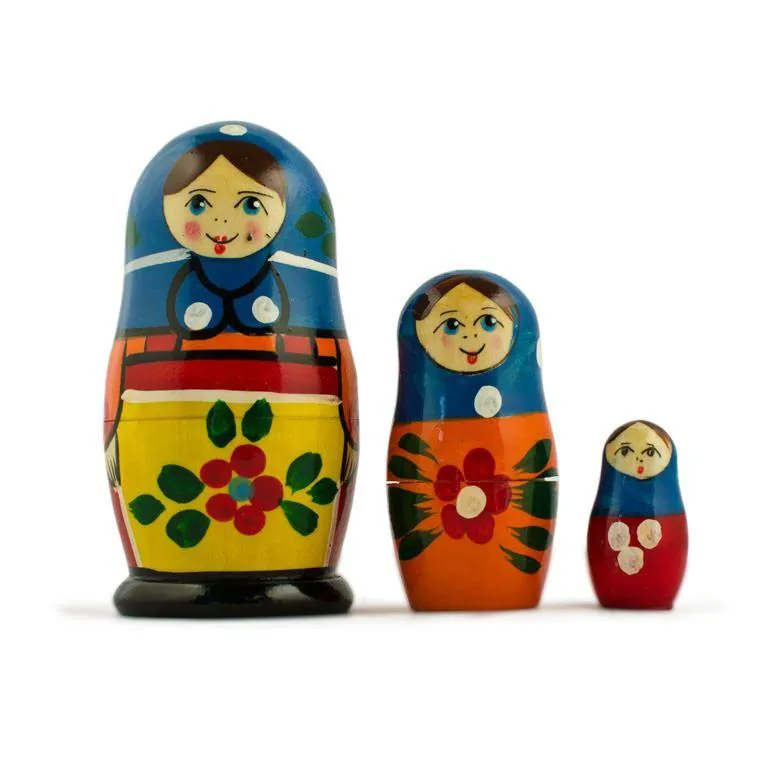 Set Of 3 Folk Girls In Blue Scarf Wooden Nesting Dolls 3.5 Inches Babykids_Bestpysanky