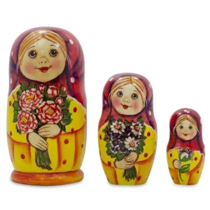 Set Of 3 Girls With Flower Bouquet  Nesting Dolls 4.25 Inches Babykids_Bestpysanky