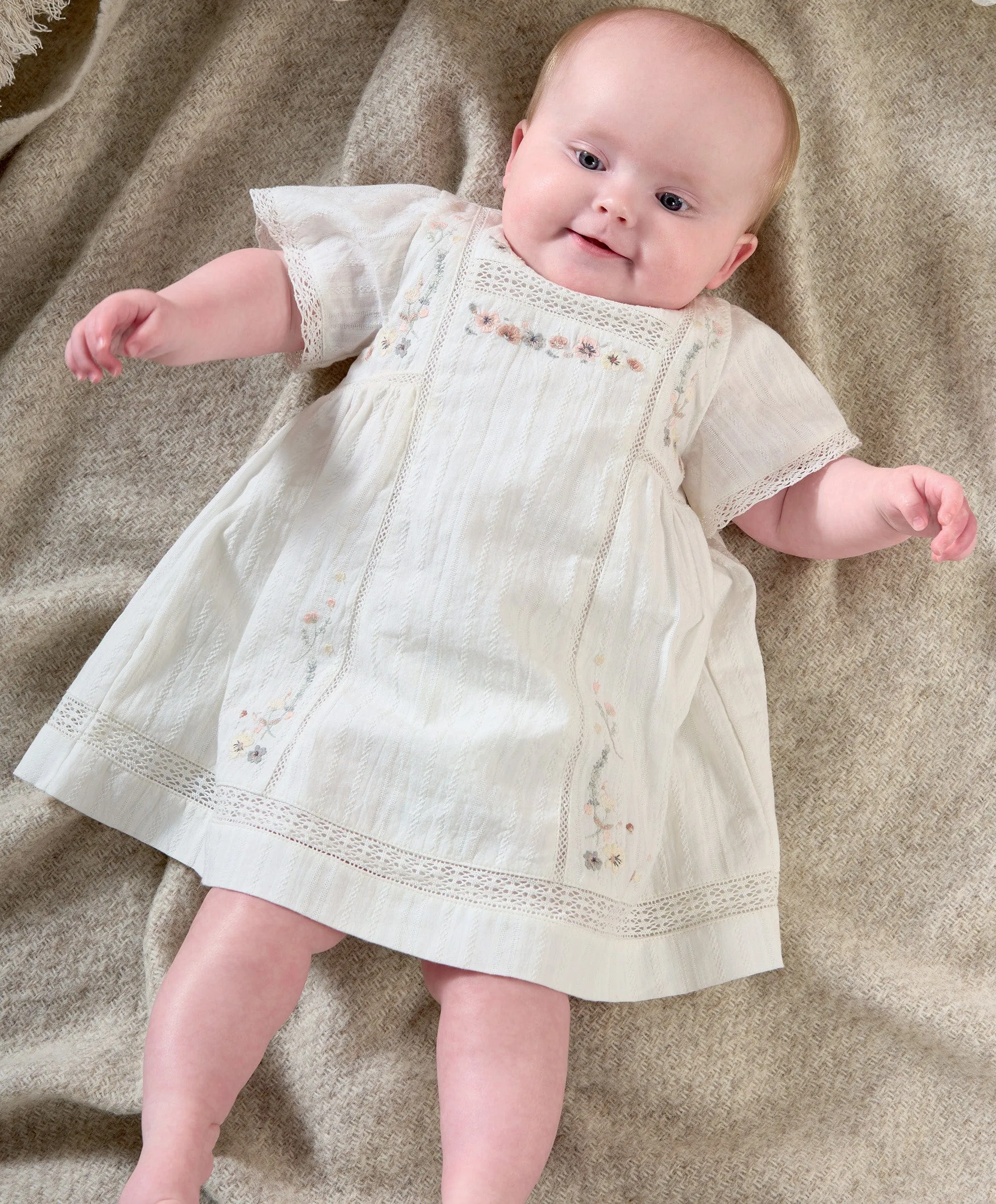 Short Sleeve Cotton Embroided Dress - Floral Print Babykids Mamas & Papas