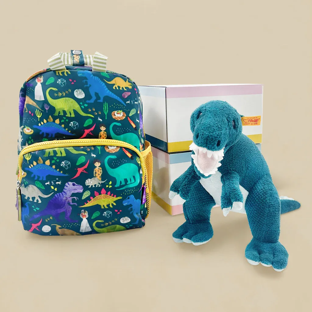 Steiff Thaisen T Rex Soft Toy with Floss & Rock Dino Backpack Gift Set