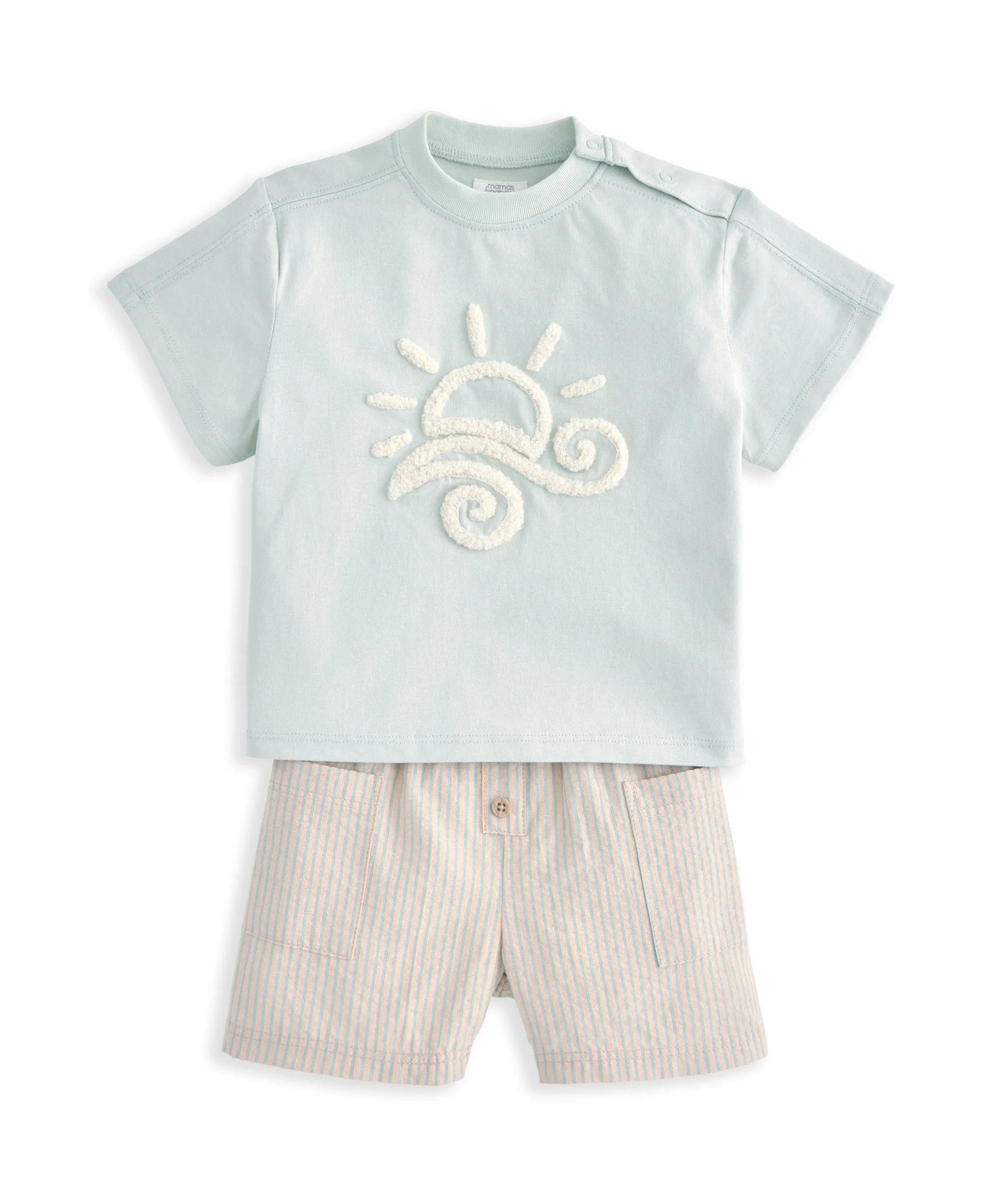 Sunshine Embroidered Top & Striped Shorts Set (2 Pieces) - Baby Blue