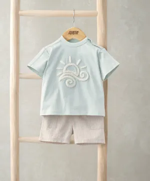 Sunshine Embroidered Top & Striped Shorts Set (2 Pieces) - Baby Blue