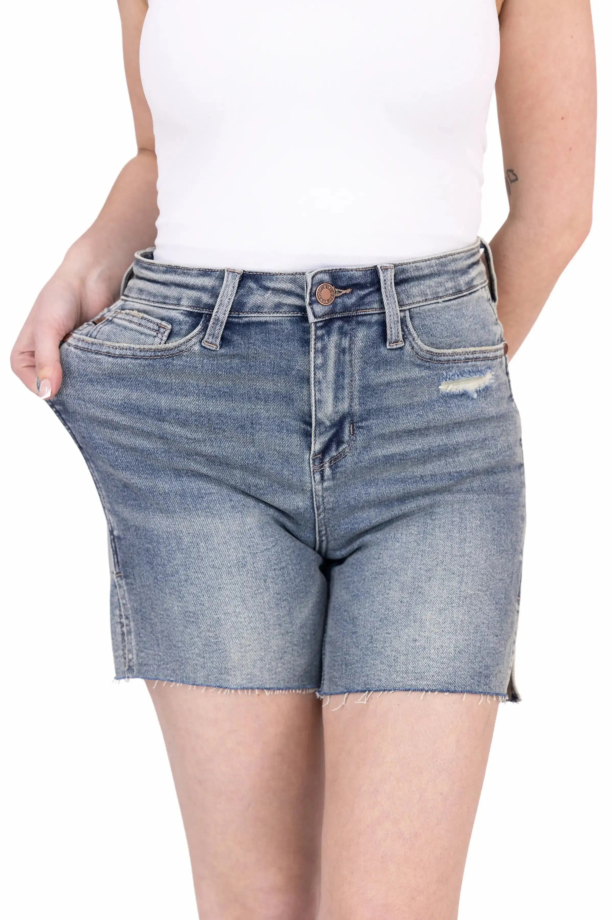 The Ana from Judy Blue: High-Rise Side Slit Denim Shorts