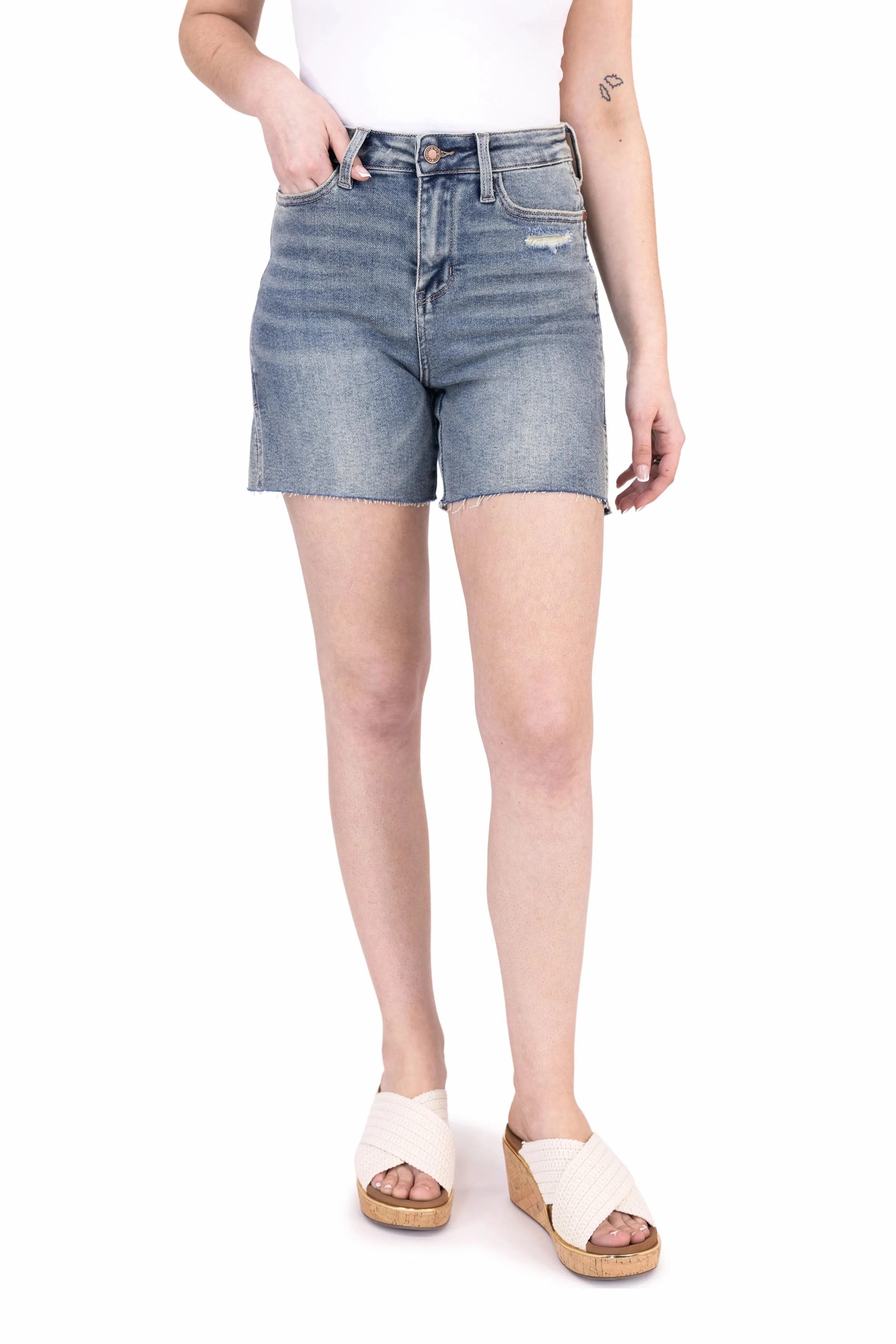 The Ana from Judy Blue: High-Rise Side Slit Denim Shorts