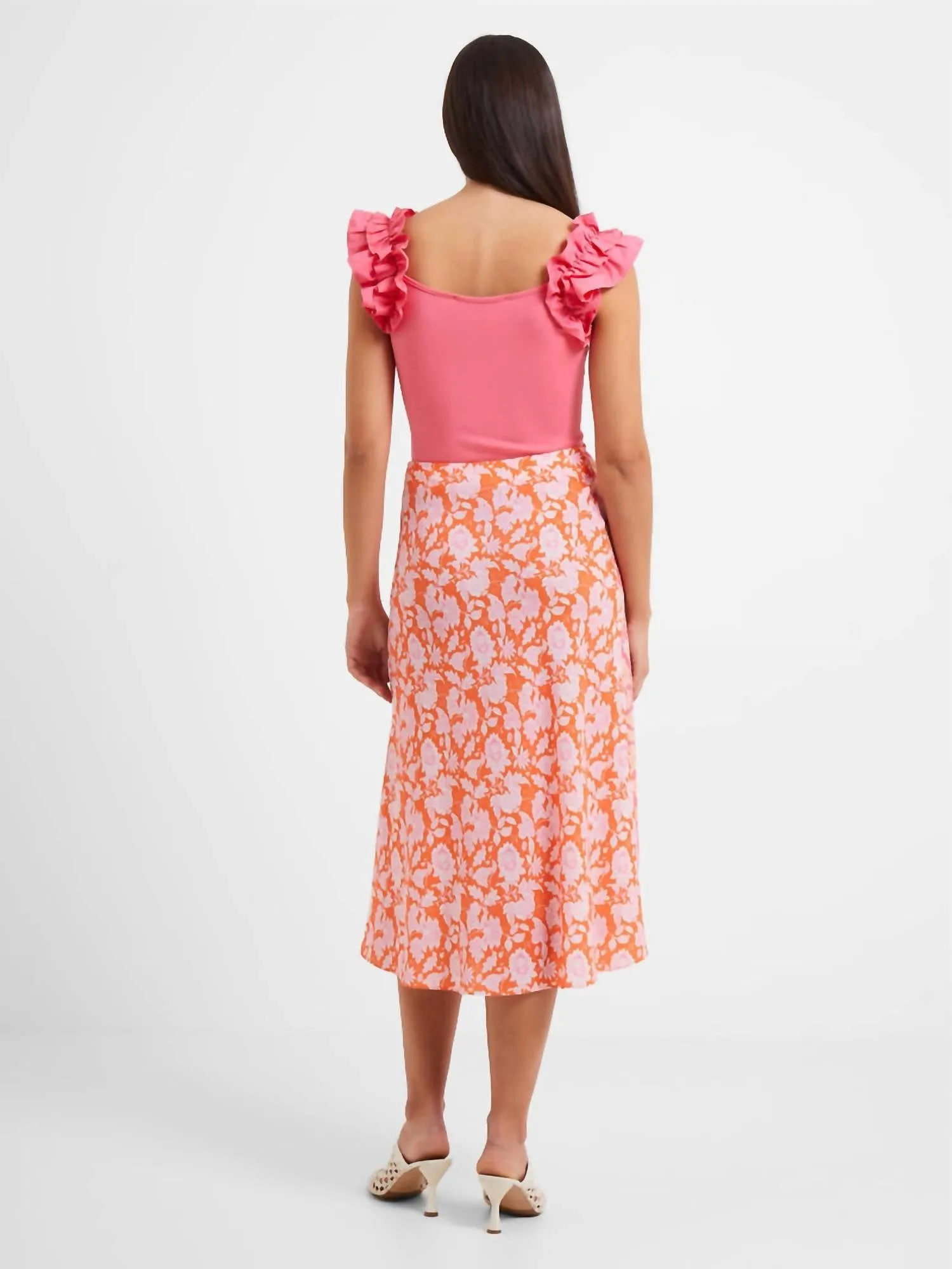 The Cosette Verona Slip Midi Skirt In Camellia Rose/ Mandarin Orange