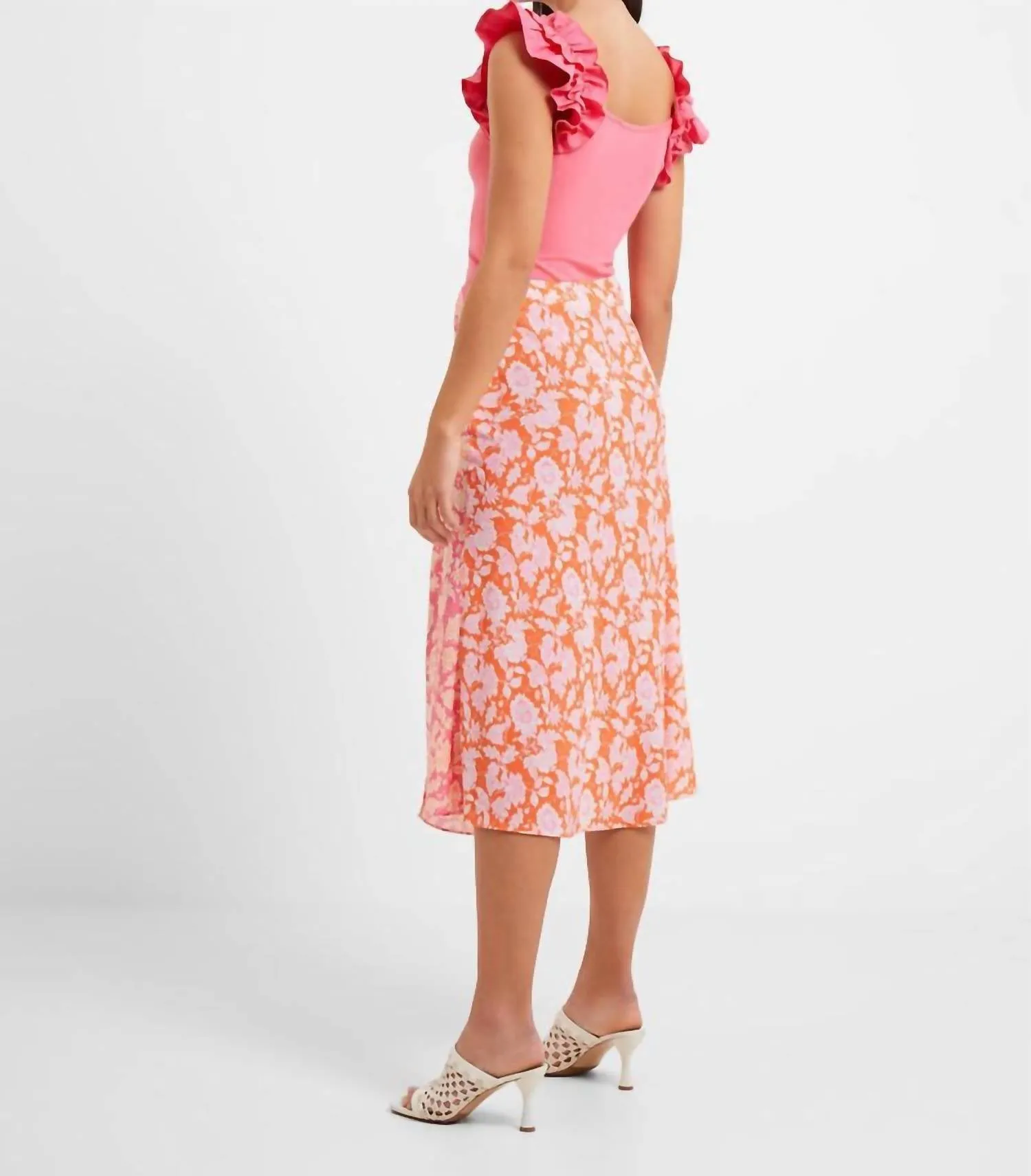 The Cosette Verona Slip Midi Skirt In Camellia Rose/ Mandarin Orange