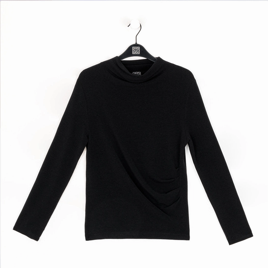 Ultra Cozy - Draped Neck Side Ruched Sweater Top - Black - Final Sale!