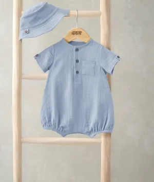 Woven Romper & Bucket Hat Set (2 Pieces) - Blue Babykids Mamas & Papas