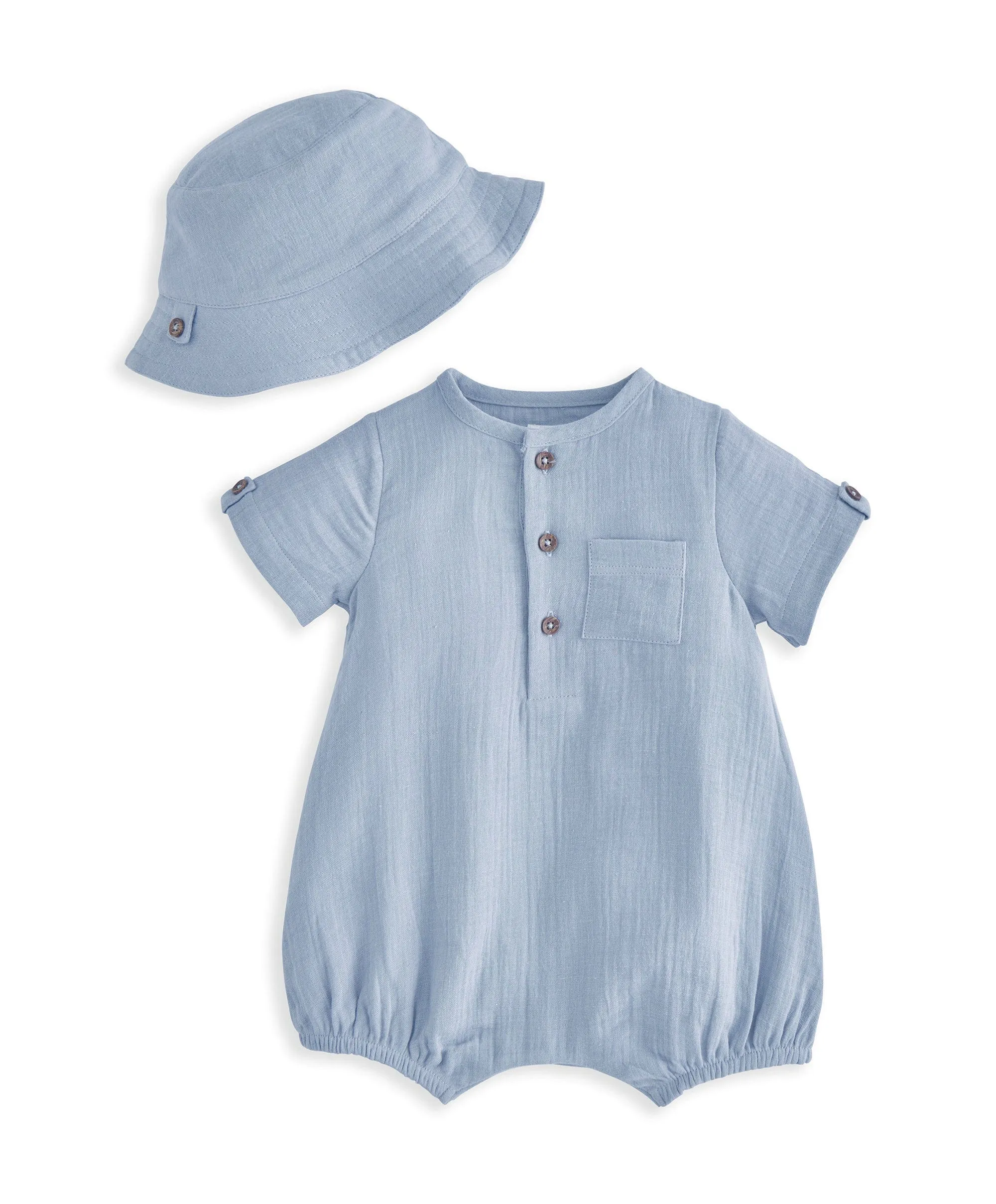 Woven Romper & Bucket Hat Set (2 Pieces) - Blue Babykids Mamas & Papas