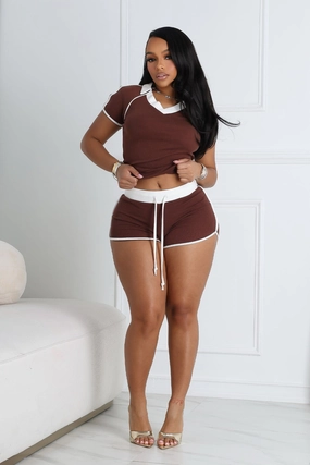 Yumi Contrast Piping Collared Top & Shorts SET